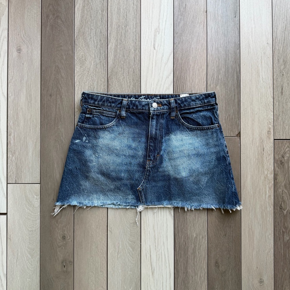 We The Free Faded Blue Distressed Denim Mini Skirt